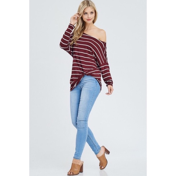 Dolman Sleeve Front Twist Burgundy Striped Top - Picture 7 of 7